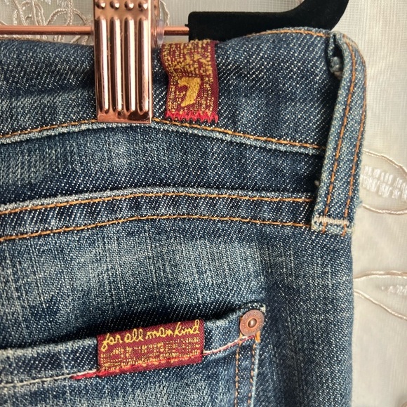 7 For All Mankind, size 30, blue denim jeans w/ pink rhinestones. - Picture 8 of 11